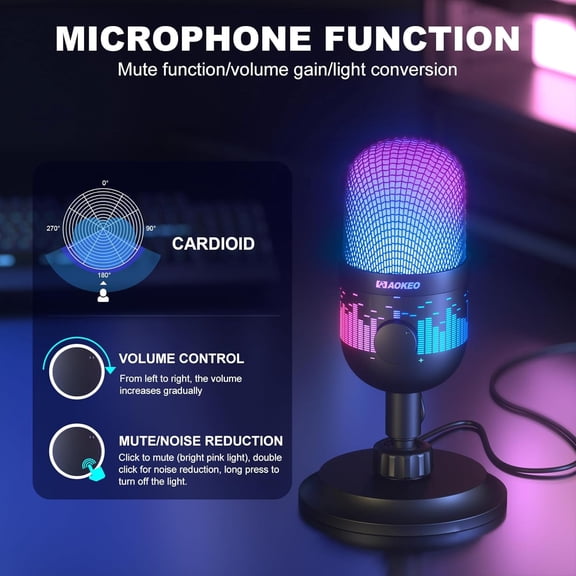 USB Gaming Microphone, Condenser Microphone for PC/MAC/PS4/PS5/Phone-Cardioid Mic with RGB Lighting