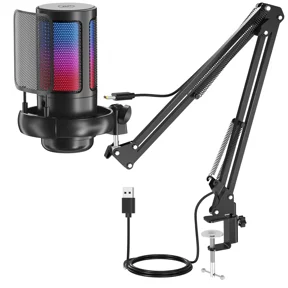 Gaming USB Microphone,Noise Cancellation Condenser mic with Touch Mute,Gain,Monitoring,Boom Arm for Streaming,Podcast,Twitch,YouTube,Discord,iPhone,iPad,PC,Computer,PS4,PS5,Mac,GamerWave