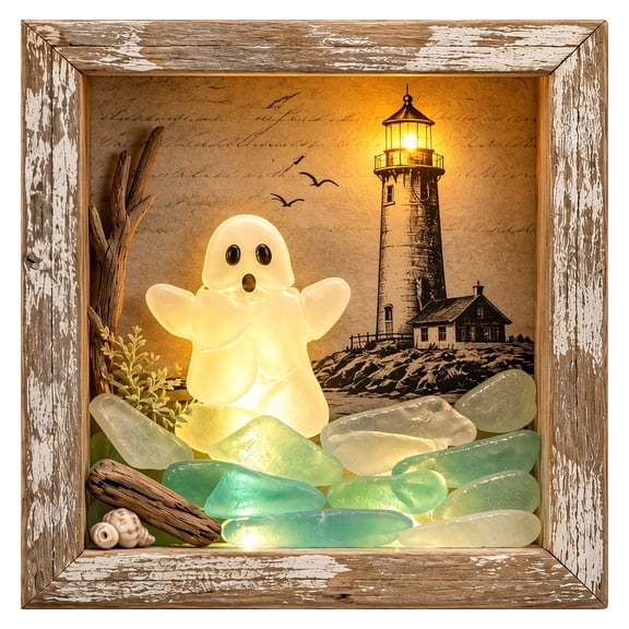 USB Ghost Lighthouse Shadow Box Night Light, 8.46 Inch Wooden Sea Glass Tabletop Lamp, Remote Control Rechargeable Coastal Home Decor (Multicolor 30)
