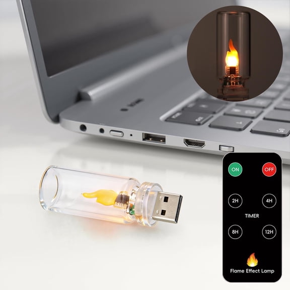 USB Glass Bottle Simulated Flame Lamp, Romantic Candle Night Light, Remote Control Ambient Light for Bedroom and Cafe B
