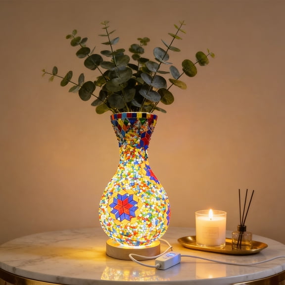 USB Glass Vase LED Night Light 13.77In Mediterranean Geometric Pattern 2 In 1 Vase Ambient Lamp 3 Level Dimming Flicker Light for Bedroom Bedside Living Room Homestay Housewarming Holiday Gift Decor
