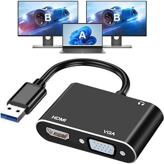 USB to HD/VGA Converter Adapter, VGA and HD Simultaneous Output Sub-Monitor Dual Display Windows 10/8/7 Compatible, USB3.0 Signal Converter (Black)