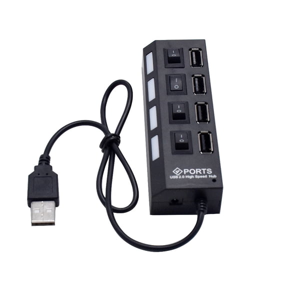 Black USB 2.0 Hub with 4 Independent Sockets, USB Divider for Easy Device Connection