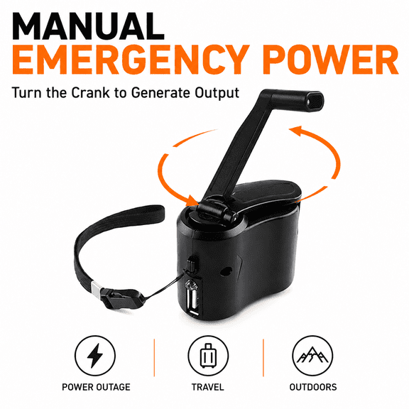 USB Hand Crank Charger with Emergency Light, Portable Manual Dynamo Generator, DC 6V 300mA Emergency Power Charger for Compatible USB Mobile Devices, Black, 1 Pack