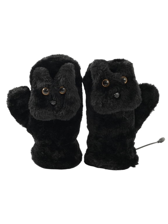 USB Hand Warmer, 1 Pair Cat Pattern Fuzzy Gloves with Lining, Cute Kawaii Winter Mitten, 9"x7" Washable Polyester Heated Gloves for Cold Weather Commute and Indoor Use