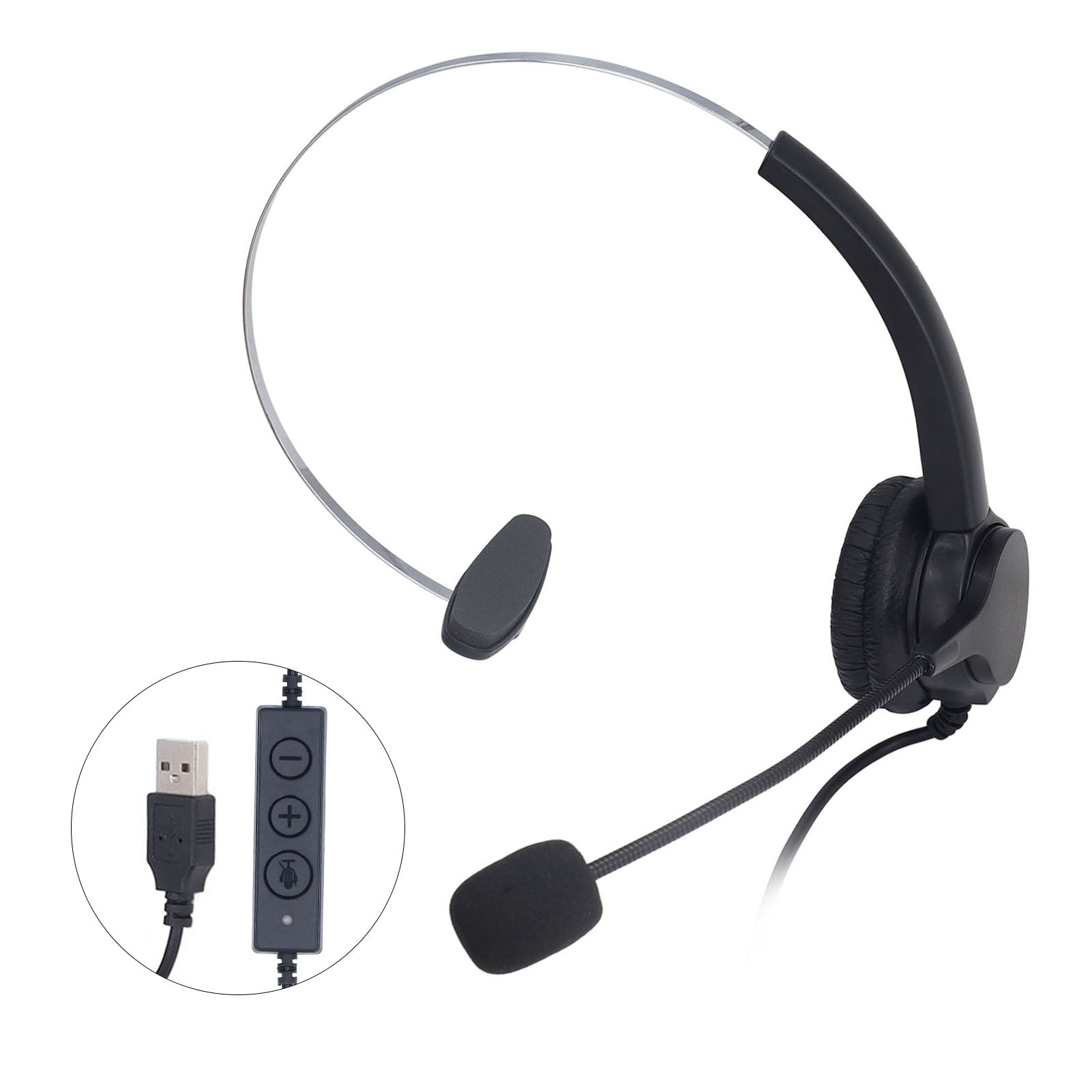 USB Headset Noise Cancelling Adjustable Volume Headband Single Ear