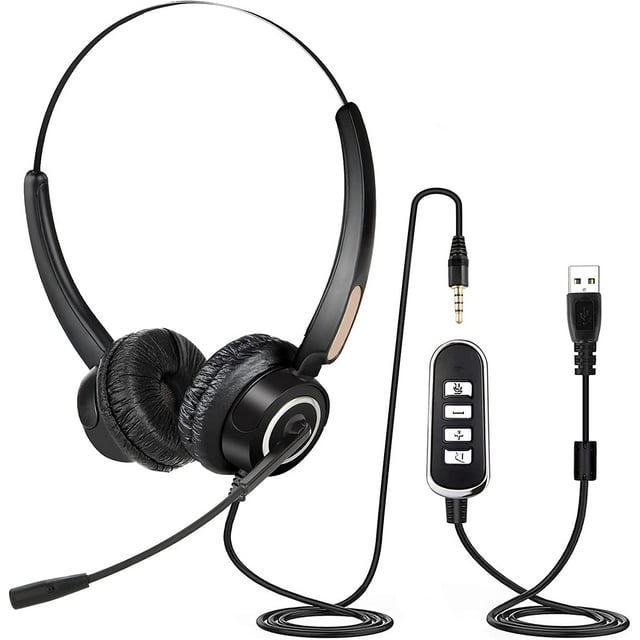 USB Headset with Mic for PC, WodnHoak Computer Laptop Headphones, 3.5mm&USB Jack, Black