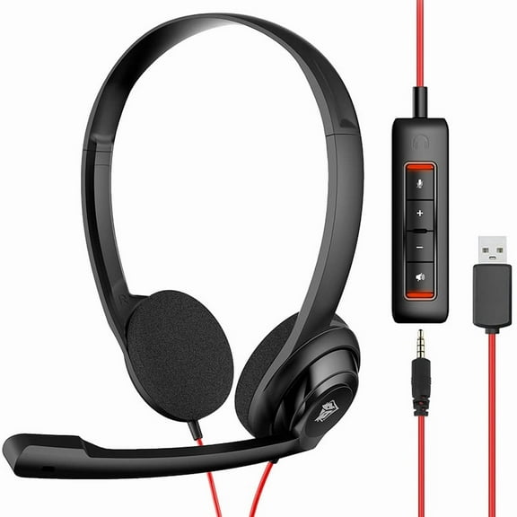 USB Headset with Noise Cancelling Microphone Headphone for PS5 Laptop Computer, On-Ear Wired Office Call Center Headset