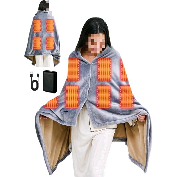 USB Heated Blanket,Cordless Portable Electric Heated Shawl with Rechargeable 10000mAh Power Bank,65" x 33.5" Heated Throw Blanket with 3 Fast-Heating Levels,8 Heating Zones (Grey)$$