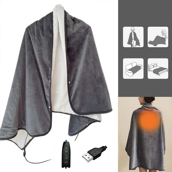 USB Heated Blanket/Shawl/Throws, 59"X30" Flannel Heating Cushion Pad Blanket for All Occasions Including Outdoor - 3 Heat Settings (Gray)