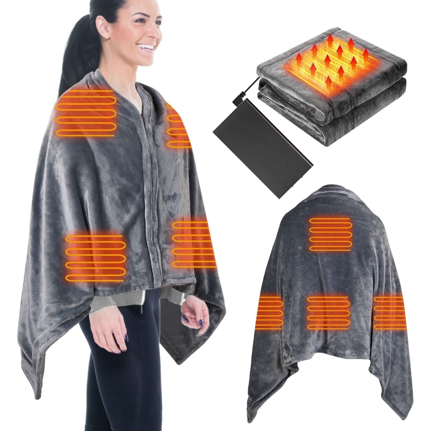59"x31" Cordless Heated Blanket Battery Operated Portable Electric Heated Shawl 3 Temp Wearable Heating Blanket for Indoor Outdoor (Include Black Power Bank)