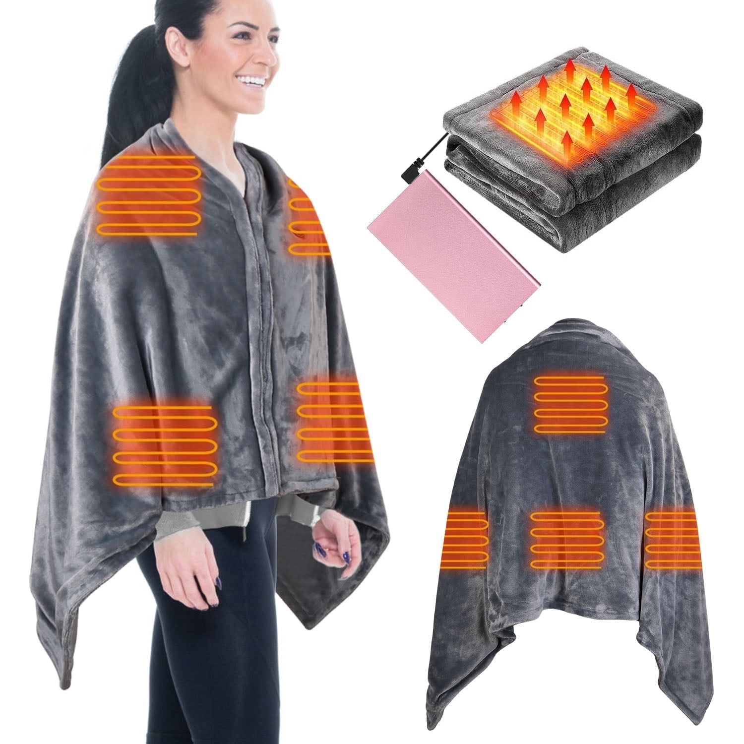 59"x31" Cordless Heated Blanket Battery Operated Portable Electric Heated Shawl 3 Temp Wearable Heating Blanket for Indoor Outdoor (Include Rose Gold Power Bank)