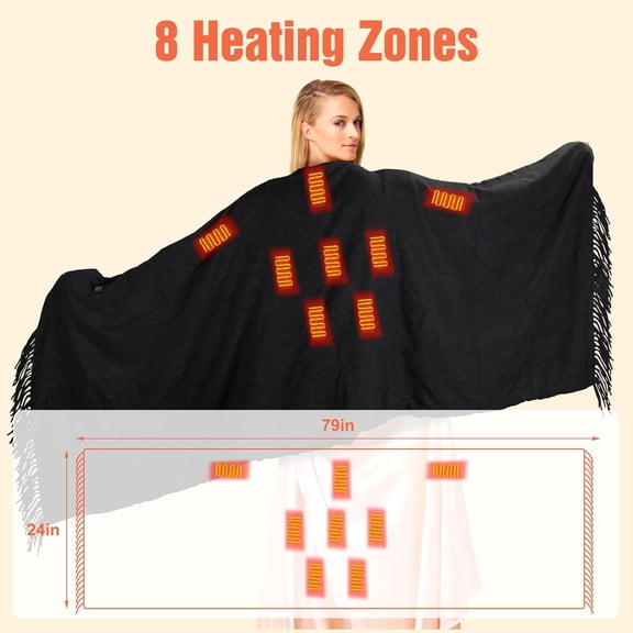 USB Heated Blanket Throw, Portable Wearable Electric Heating Blanket Shawl with Zipper 3 Heating Levels 8 Heating Zones, Washable for Outdoor Home Office