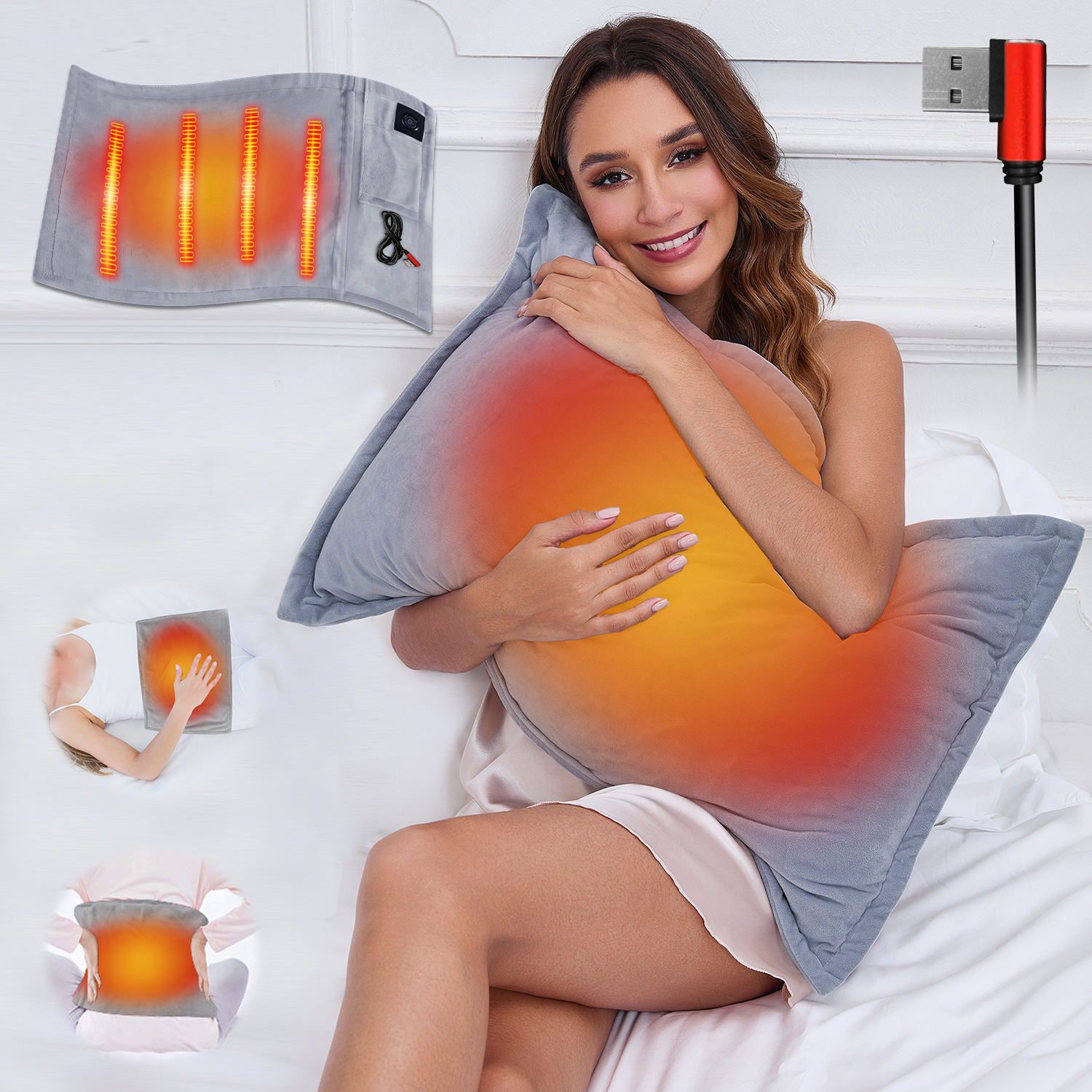 USB Heated Body Pillow Case - Heating Lumbar Pillow Cover for Body Super Soft and Luxury Warmer 20*26 inch Standard Size (Not Included Pillow Core and Battery)