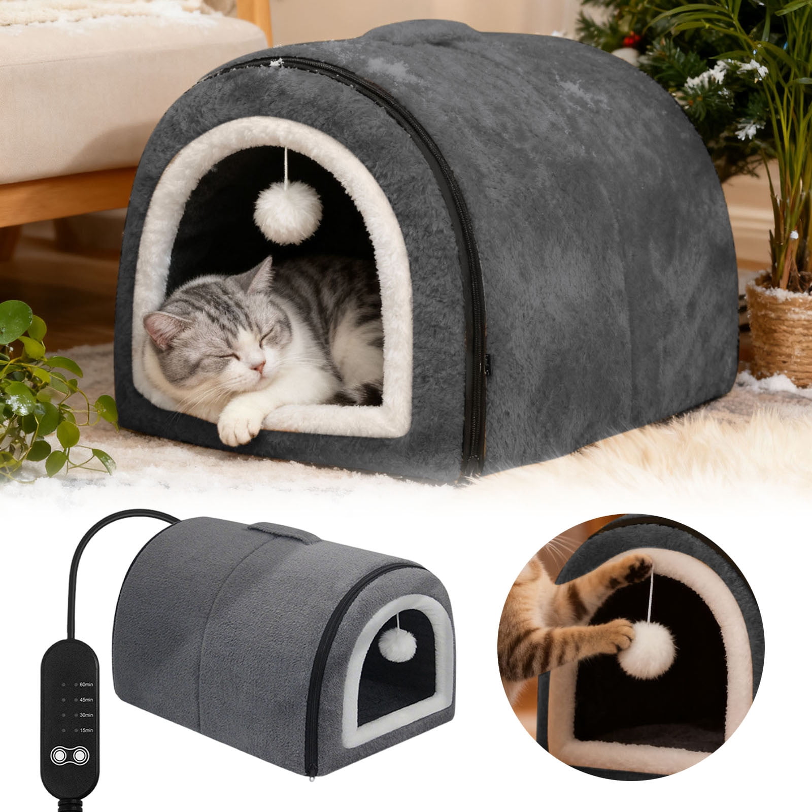 USB Heated Cat Bed for Indoor Cats-Semi-Enclosed Cat Cave with 4 Temperature Control, Arched Roof&Anti- Bottom, 2-in-1 Thermo Pet Bed for Winter,Warm Washable Bed for Cats Dogs