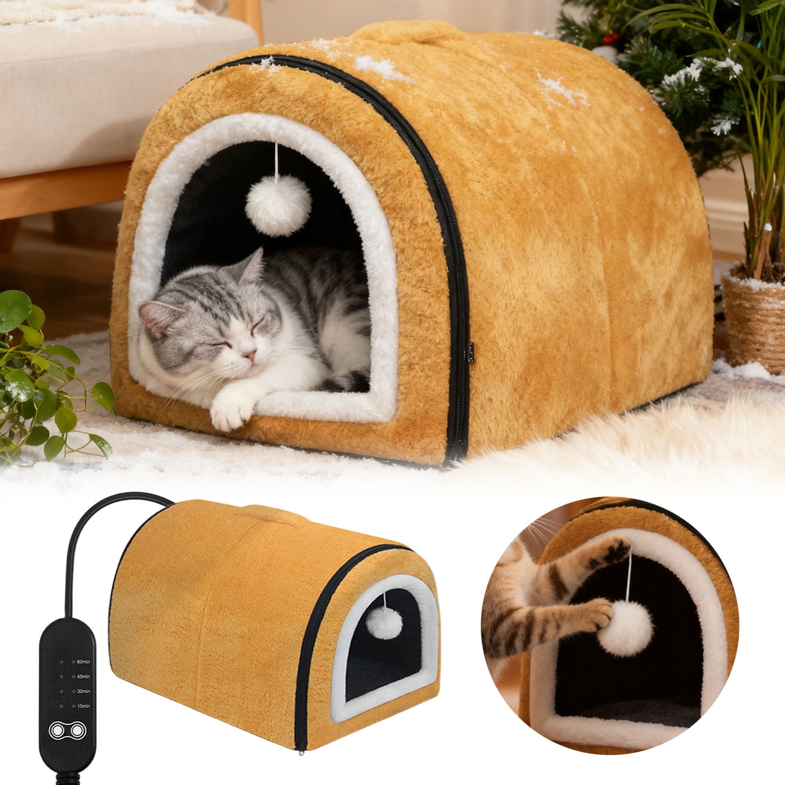 USB Heated Cat Bed for Indoor Cats-Semi-Enclosed Cat Cave with 4 Temperature Control, Arched Roof&Anti- Bottom, 2-in-1 Thermo Pet Bed for Winter,Warm Washable Bed for Cats Dogs