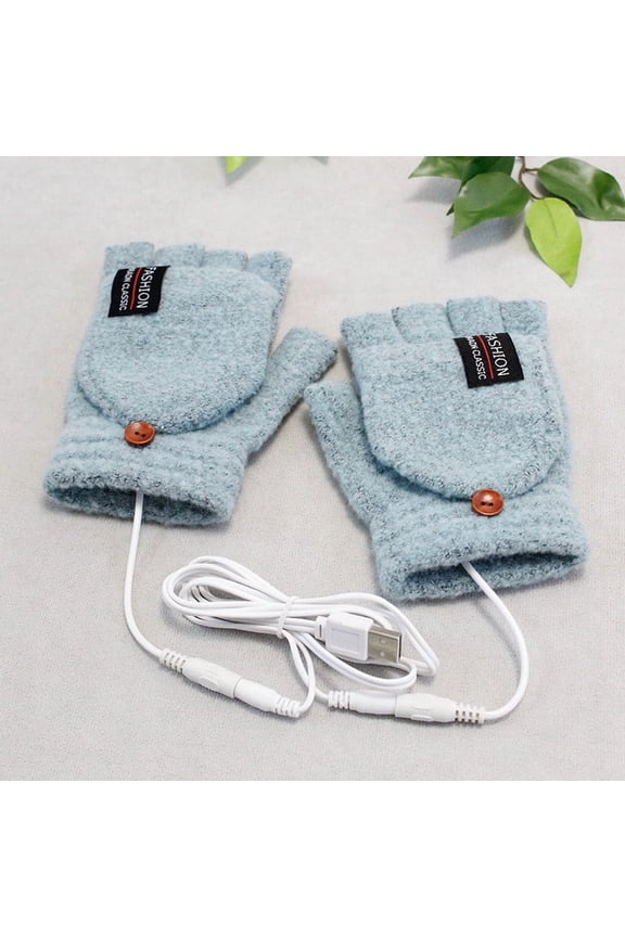 USB Heated Fingerless Gloves, Double-Sided Warming Knit Mittens for Typing, Removable Heating Pads with 5V Power Bank, Arthritis Relief Cold Weather Gloves, One Size