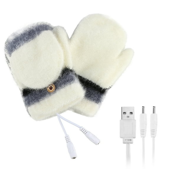 USB Heated Fingerless Gloves for Women, Rechargeable Knit Winter Gloves with Foldable Mitten Cover, Warm Half Finger Gloves for Typing, Office Work, Skiing and Cold Weather-Beige