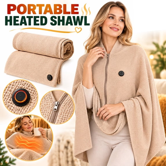 USB Heated Hoodie Blanket, Wearable Electric Heating Wrap with Attached Hood, Portable Fast Heating 15 Seconds Plush Throw for Office Home, Machine Washable USB Blanket Beige
