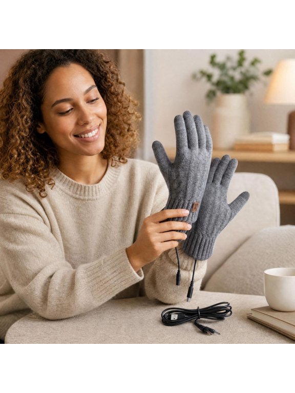 USB Heated Knit Gloves with Touchscreen Fingers, 35-40°C Hand Warmers with 5V Heating Cable, Thick Fleece-Lined Winter Gloves for Outdoor Cold Weather