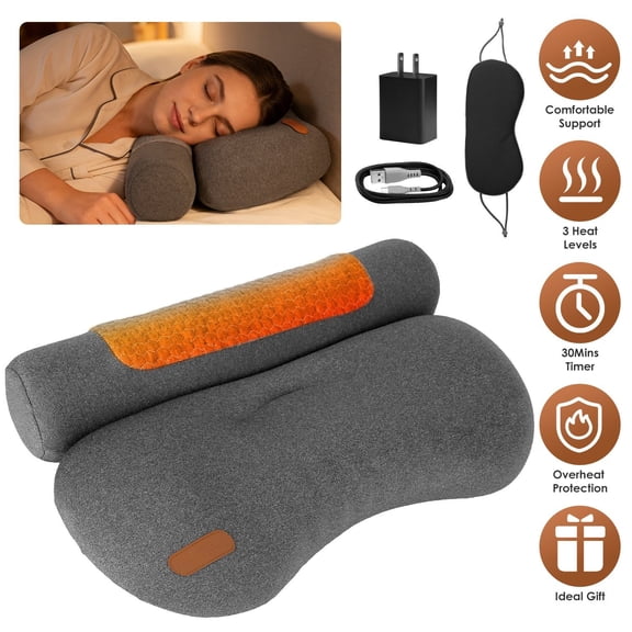USB Heated Neck Pillow with Zero Pressure Memory Foam Cervical Pillow with 3-Level Heat Therapy & Eye Mask for Pain Relief