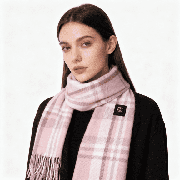 USB Heated Scarf with 3 Heating Modes, Plaid Thermal Winter Scarf for Men Women,Pink