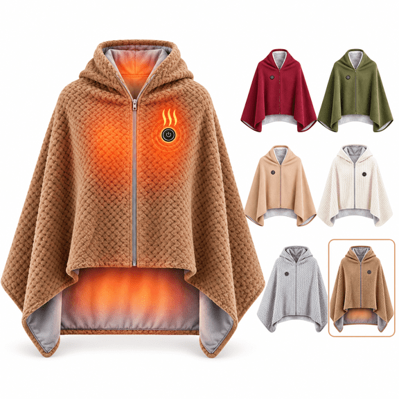USB Heated Shawl Wrap for Women, Wearable Heated Blanket with 3 Heat Settings, Soft Double Sided Zip Front Warming Cape, Portable Electric Throw for Home Office