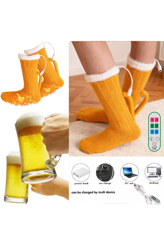 USB Heated Socks for Men and Women, 3 Heat Settings & Auto Shut-Off, Beer Mug Design Socks, Yellow Novelty Gifts for Cold Weather Home Office Use,Size Free Size