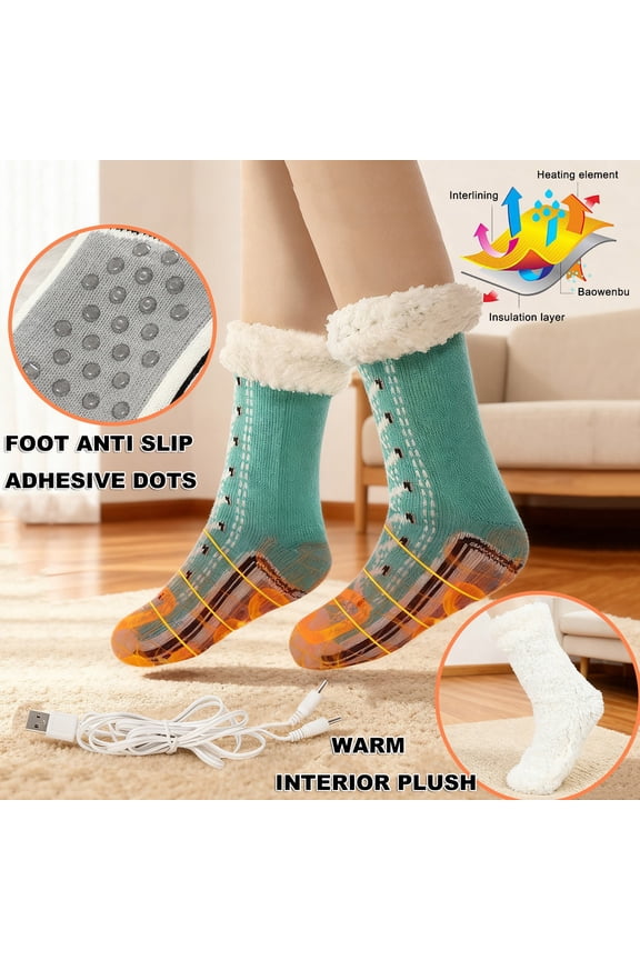 USB Heated Socks for Men and Women, Electric Plush Heating Socks with Non-Slip Sole, Cozy Indoor Free Size Unisex Socks in Green,Size Free Size