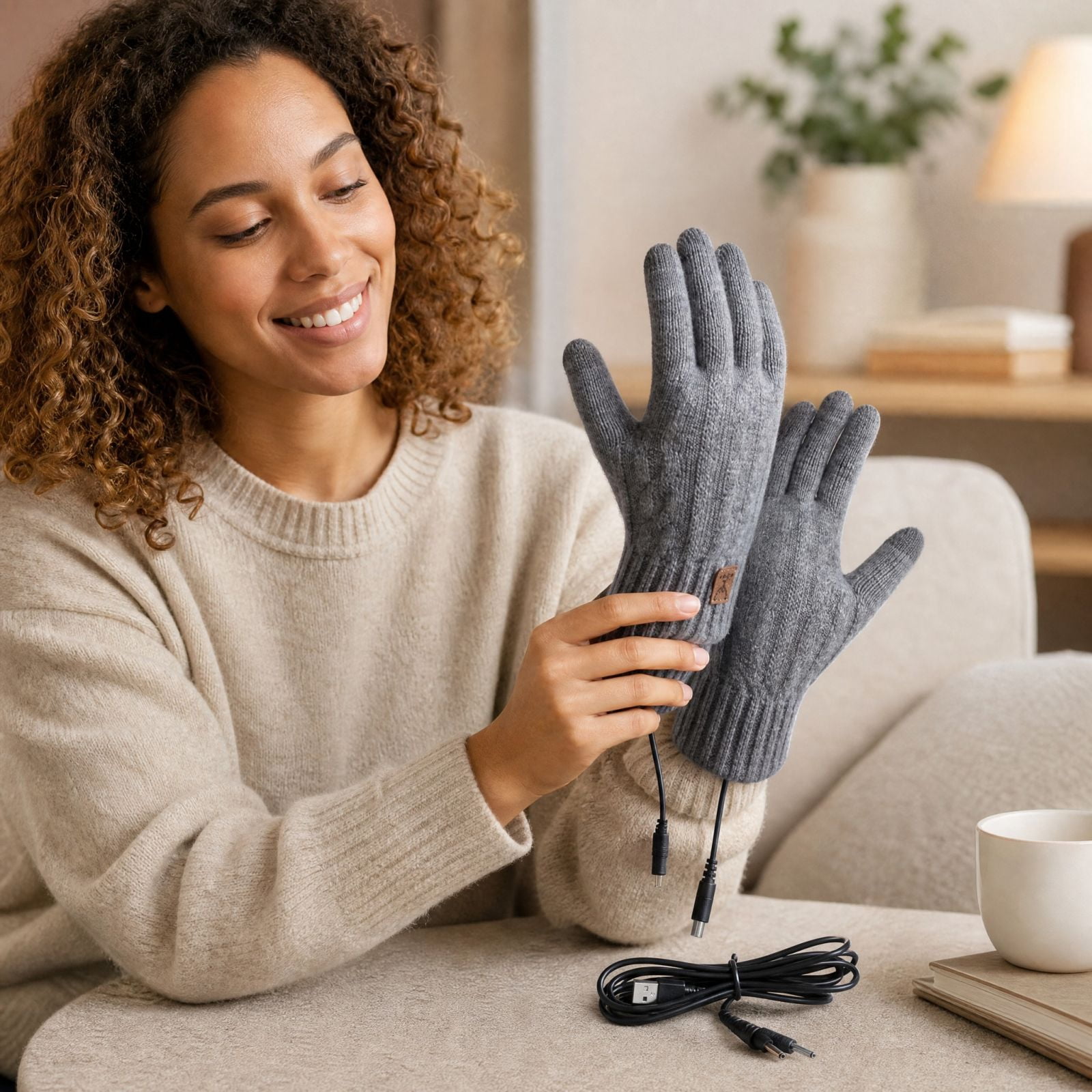 USB Heating Knitted Gloves, Rechargeable Thickened Plus Velvet Warm ...
