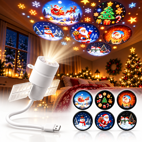 USB Holiday Projection Light with 6 Projection Films, Starry Sky Christmas Projector Lamp for Bedroom Wall Ceiling Car Interior Camping and Seasonal Decor, 1PC