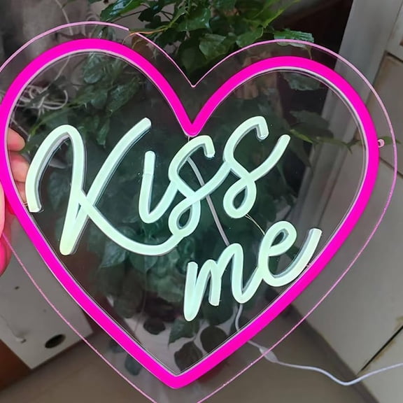 USB Home Decoration Novelty Lights,5V Led Neon Signs For Cold Wall,Heart-Shaped Neon Sign, Kiss Me Light For Girlfriend Gift, Pink and White, With Dimmer Switch,13.4 x 11.8 inches C113