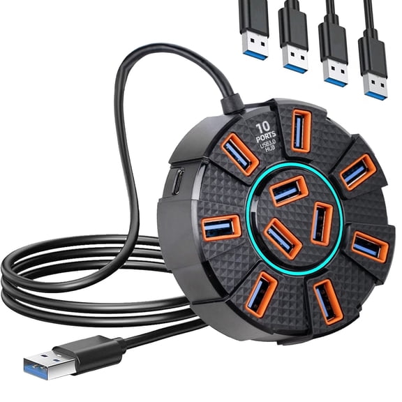 USB Hub with 10 Power/Data Ports, USB Splitter Cable, USB 3.0 Hub USBA Splitter Extender with Lights 3.28ft Long Cable, Multiport Adapter Extender for Laptop, PC, Flash Drive, HDD
