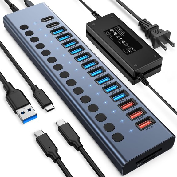 USB Hub 10Gbps, 17 Ports 96W USB 3.2 Hub(10 USB-A 3.2 Ports+3 QC 24W   Ports+2 USB-C 3.2 Ports+SD/TF Card Reader), 12V/8A Power Adapter for Laptop, PC, Computer, HDD,Flash Drive