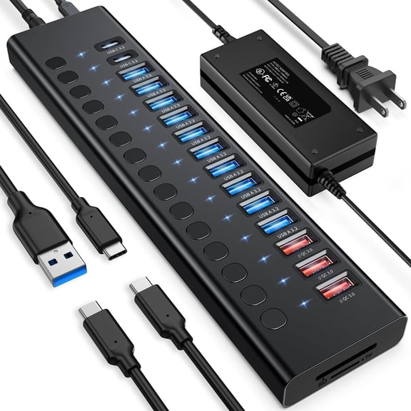 USB Hub 10Gbps, 17 Ports 96W USB 3.2 Hub(10 USB-A 3.2 Ports+3 QC 24W   Ports+2 USB-C 3.2 Ports+SD/TF Card Reader), 12V/8A Power Adapter for Laptop, PC, , HDD,Flash Drive