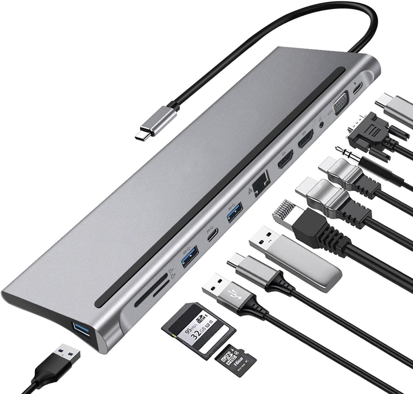 USB Hub, 12-in-1 USB C Hub Notebook Docking Station, Type-C to Dual HDMI Compatible/VGA/USB 3.0 Hub/PD/RJ/Micro-SD/TF, Compatible with PC, Mac, Printer