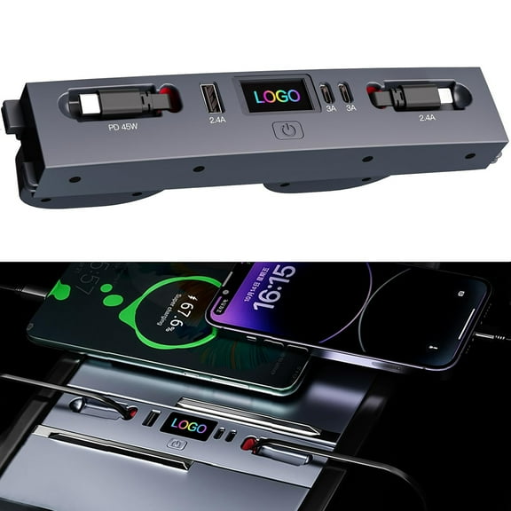 USB Hub for 2025 2026 Tesla Model Y Juniper 2024 2025 Tesla Model 3 Highland, Retractable Cable Fast Car Phone Charger, Tesla Center Console Accessories (Retractable Type-C & Lightning)