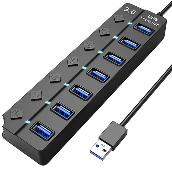 USB Hub 3.0, 7-Port USB Hub Splitter with Individual On/Off Switches and Lights Compatible with MacBook, Laptop, Surface Pro, PS4, PC, Flash Drive, Mobile HDD