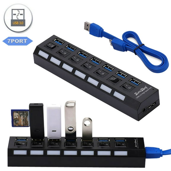 USB Hub 3.0, 7 Port USB Hub Splitter with Individual On/Off LED Switches 2.1ft Extended Long Cable for Laptop, MacBook, Surface Pro