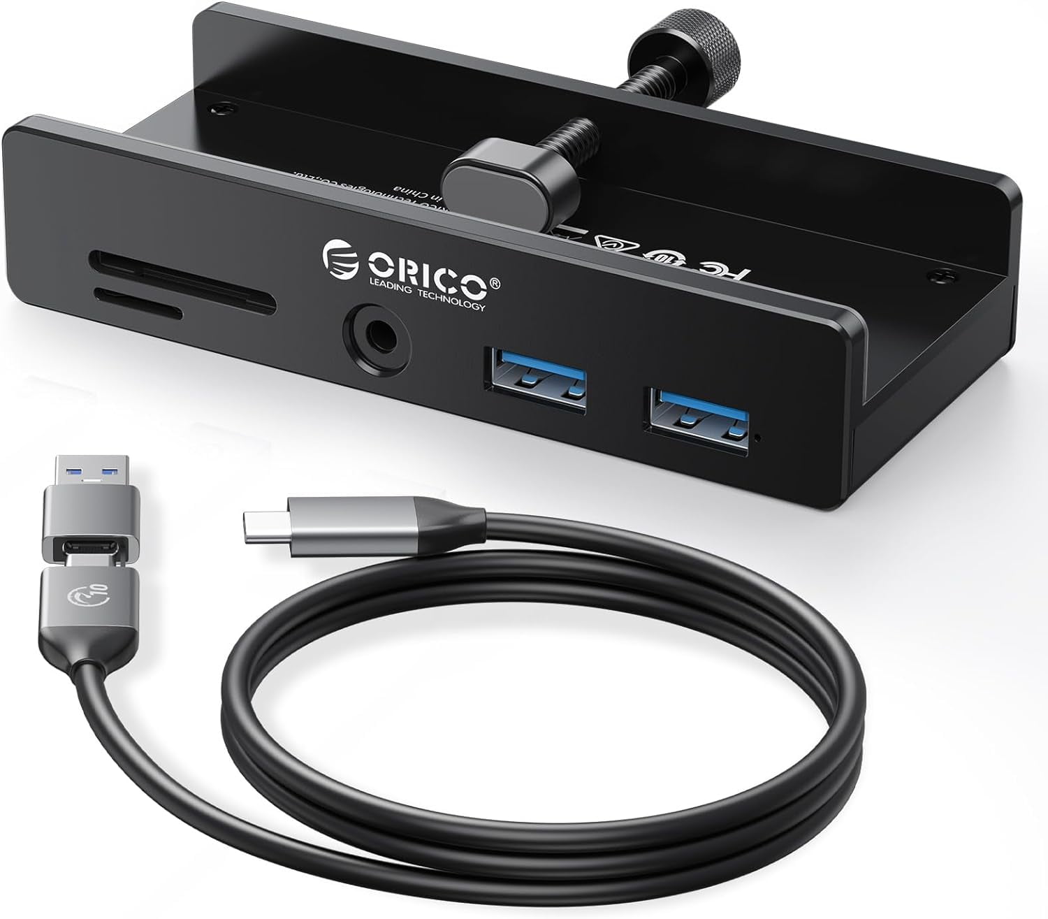 USB Hub 3.0, Clamp USB Hub with Extra Power Port, Aluminum USB C Adapter with 2 USB-A Data Ports,3.5mm AUX, SD/TF for Desktop(Black)