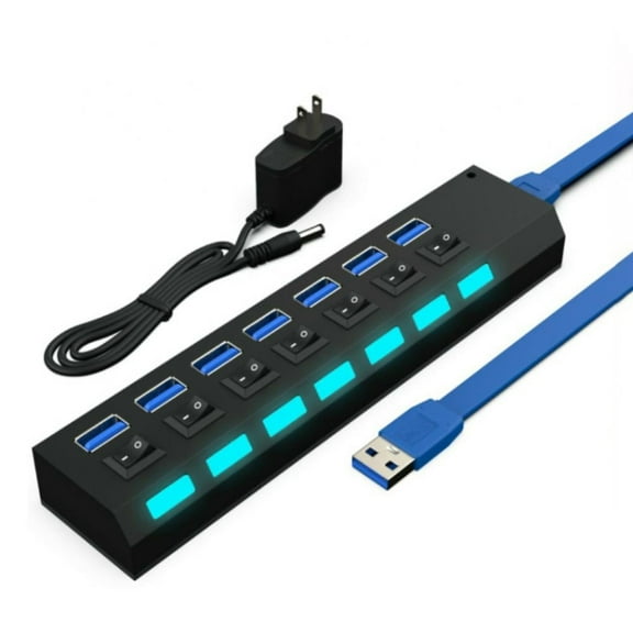 USB Hub 3.0 Splitter, 7-Ports USB Adapter with Individual ON/Off Switches and LEDs, Multi-Port USB Data Hub for PC, Mac, Laptop, Surface, and More