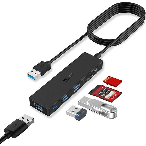 USB Hub 3.0 Splitter, Multi Adapter Port Expander with 4ft Cable, SD/TF Card Reader & 3 Ports Compatible for PC, Laptops, Surface Pro, MacBook, iMac Pro