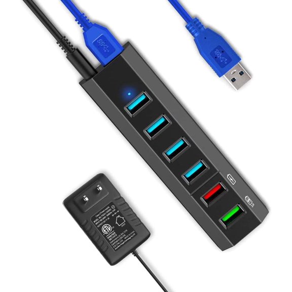 USB Hub, 6 Ports Super High Speed 3.0 Hub Splitter + 24W Power Adapter Cable, Black Smart Fast Charger Powered for Laptop, Mac, PC, Mobile HDD, Mulitple Devices