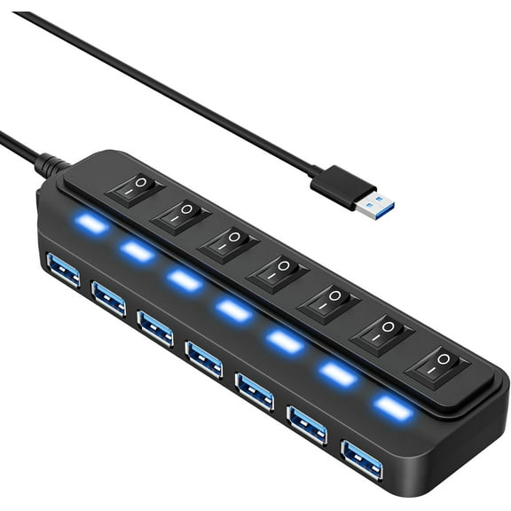 USB Hub 7 Port,USB 3.0 Splitter with Individual On/Off LED Switches, for PC, 5Gbps HighSpeed Data Laptop, Mac, Desktop, PS5, Xbox and More