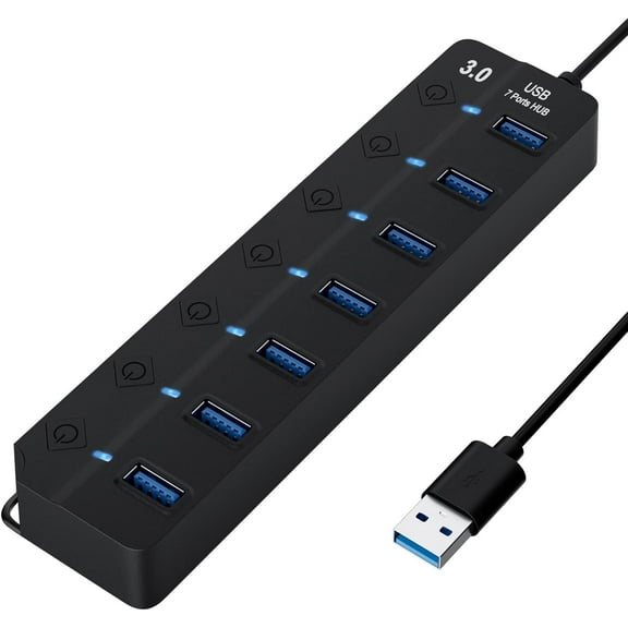 USB Hub 7-Port, USB Hub 3.0 Splitter with Individual On/Off Switches and Lights, 3.2ft/1m Long Cable Compatible with PC MacBook, Laptop, Surface Pro, PS4, PC, Flash Drive, Mobile HDD