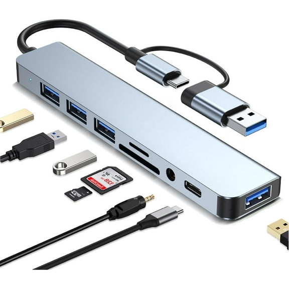 USB Hub of PC,USB C Hub 8 in 1 USB Extender with 4 USB Port 1 USBC USB 3.0 Hub TF/SD Card Reader 3.5mm Audio Output for MacBook Pro/iPad Pro/HP Aluminum