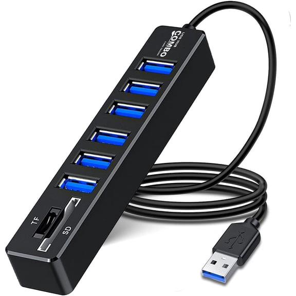 USB Hub with SD/TF Card Reader, 8 in 1 USB Extender USB Splitter with SD/Micro SD Memory Card Reader and 6 USB 2.0 Ports for PC, Laptops, Surface Pro, MacBook, iMac Pro-3FT
