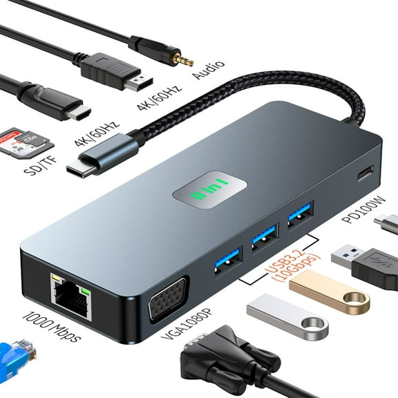 USB Hub - USB 3.2 Port Fast Data Transfer ,11IN 1 USB C Hub，12.5cm/4.92inchx1.5cm/0.59inchx4.5cm/1.77inch Expansion/Mirroring Dual-Mode，Tablet Connected To Ethernet Cable