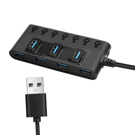USB Hub with Independant Port Buttons, 7 Port Splitter for Home Desk and Study Area, Blue LED Lights and Side Power Input for Daily Device Expansion