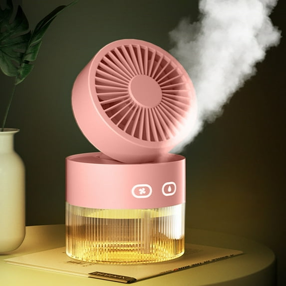 USB Humidifying Desk Fan - 3-Speed Cooling Fan with Atomizer, Foldable & Adjustable, Quiet 22dB, Night Light, Type-C Rechargeable (Pink)